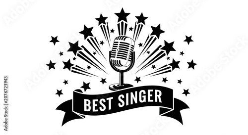 Foto A stylized illustration of a microphone surrounded by stars and lines, highlighting a BEST SINGER in a celebratory scene with music and performance elements