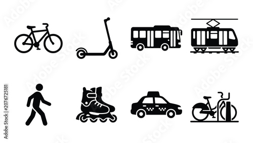 Urban Transportation Icons: Bicycle, Scooter, Bus, Tram, Walker, Rollerblades, Taxi, Bike Share