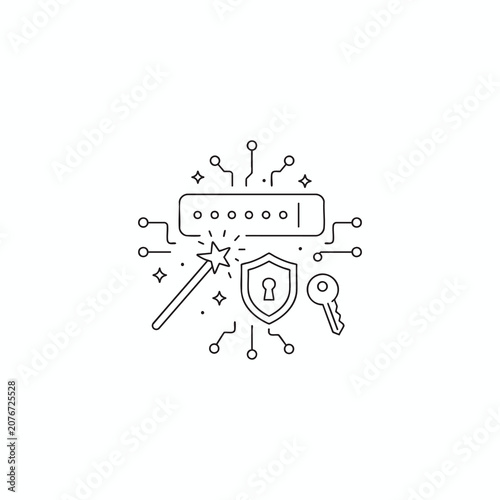 Secure Password Generator Minimalist Monoline Vector Icon with Magic Wand Shield Key and Cybersecurity Authentication System