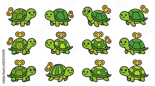 Bild auf Leinwand Collection of cute wind-up tortoise characters with keys.