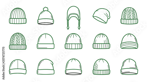 Collection of knitted beanie hat icons.