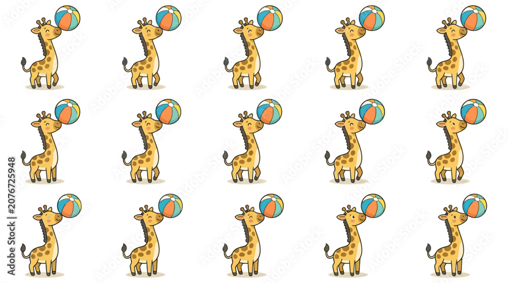 Fototapeta premium Cartoon giraffes playing with colorful beach balls.
