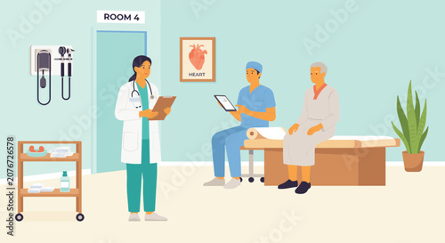 Doctor and nurse consulting with patient in a hospital room with medical equipment and supplies