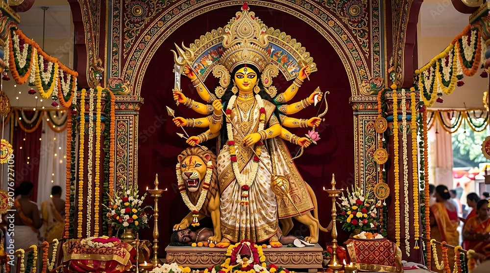 Fototapeta premium The ceremonial Hindu goddess Durga statue is worshipped by people in a decorated temple with flowers and lights on a festive day.