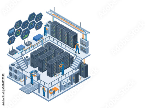 Fotografija Modern Data Center Server Room with Technology Icons.