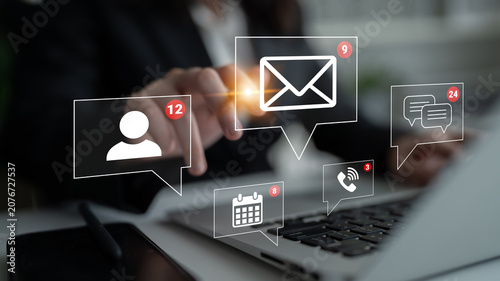 Photos Modern Business Communication and Digital Interaction Concepts with Laptop and Notifications for Emails, Messages, and Appointments