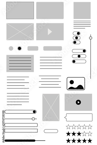 UI wireframe kit elements on transparent background PNG. Website and mobile app layout placeholders, content blocks, media frames, buttons, cards, image icons, sliders, interface components. High-res