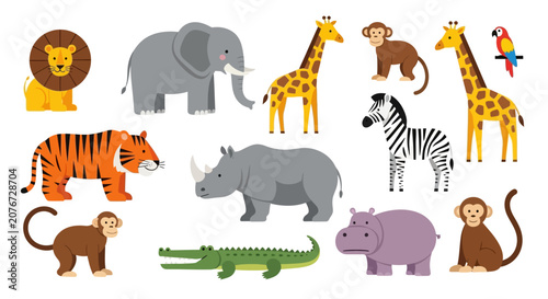 Photography Cute cartoon safari and jungle animals set isolated on white background