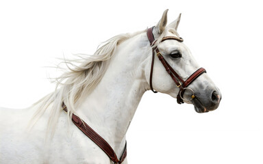 White horse with red bridle standing and looking to the side isolated on transparent background