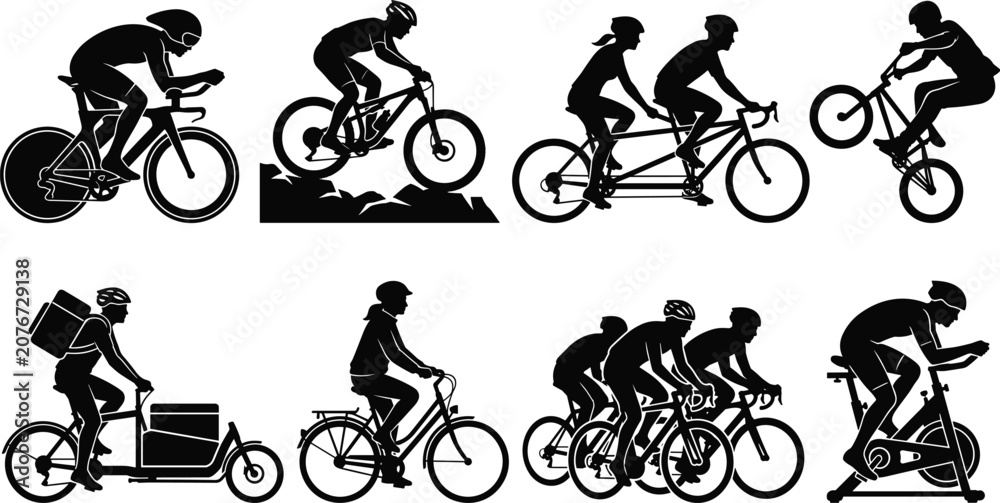 Obraz premium Vector Silhouette Collection of Diverse Cyclists and Bicycles Featuring Mountain Biking Racing Tandem Cargo Delivery and Indoor Cycling