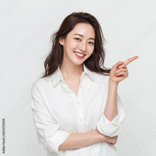 Smiling Woman Pointing Up, Recommendation and Presentation Concept