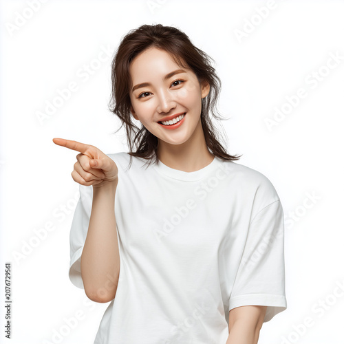 Smiling Woman Pointing Up, Recommendation and Presentation Concept