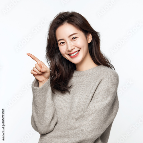 Smiling Woman Pointing Up, Recommendation and Presentation Concept