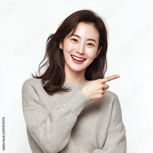Smiling Woman Pointing Up, Recommendation and Presentation Concept