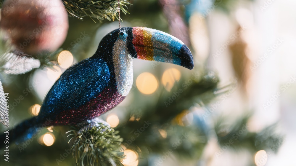 Naklejka premium Colorful toucan ornament hangs on a Christmas tree with blurred lights in the background during the holiday season