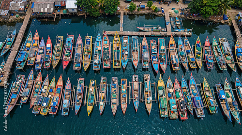 Aerial View of Colorful Traditional Wooden Fishing Boats Docked at Indonesian Fishing Harbor with Pier