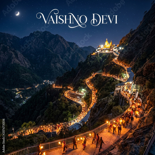 Illuminated mountain pathway of the holy Vaishno Devi pilgrimage at night, Katra, Jammu and Kashmir, India