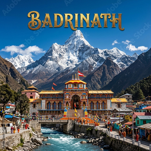 Sacred Badrinath Temple next to a mountain stream with snow-capped Neelkanth peak in the background, Uttarakhand, India