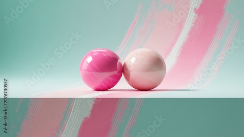 Two glossy spheres, one vibrant pink and the other a softer pink, with abstract brushstroke textures and a modern minimalist design.