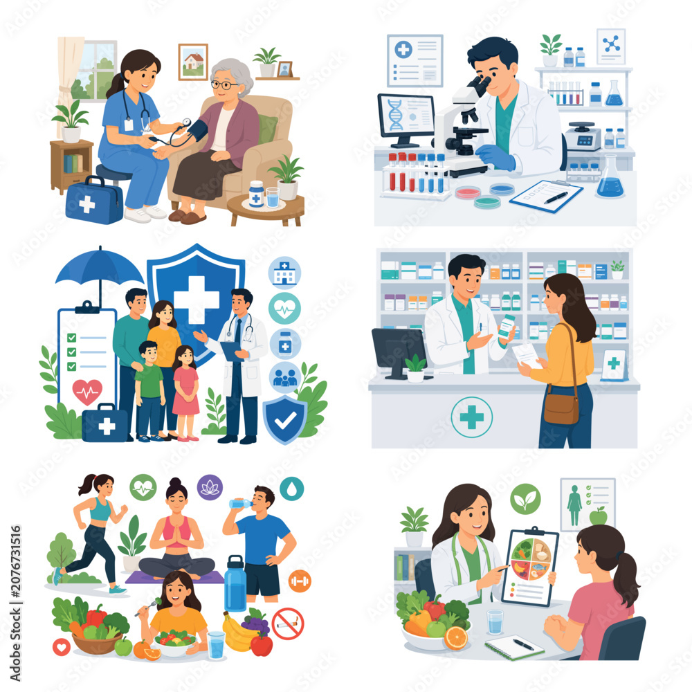 Fototapeta premium Healthcare and Medical Flat Vector Illustration Set, Doctor, Nurse, Pharmacy, Laboratory, Nutrition and Healthy Lifestyle Collection