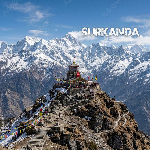 Surkanda Devi temple on a rocky mountain peak against snow capped Himalayas Uttarakhand India
