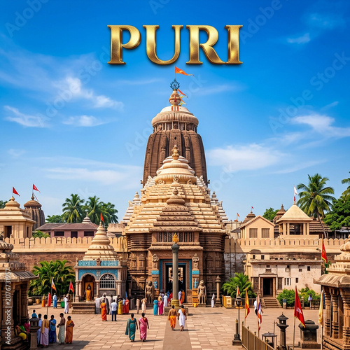 Majestic front view of the sacred Shree Jagannath Temple with the Aruna Stambha, Puri, Odisha, India
