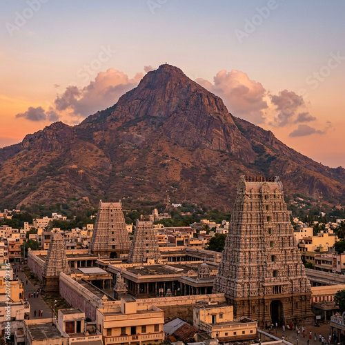 Annamalaiyar Temple Tiruvannamalai with Holy Mount Arunachala at Sunset, Dravidian Temple Towers Gopuram, Tamil Nadu, India
