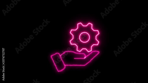 Glowing neon technology and blue color hand and setting icon animation. on black background