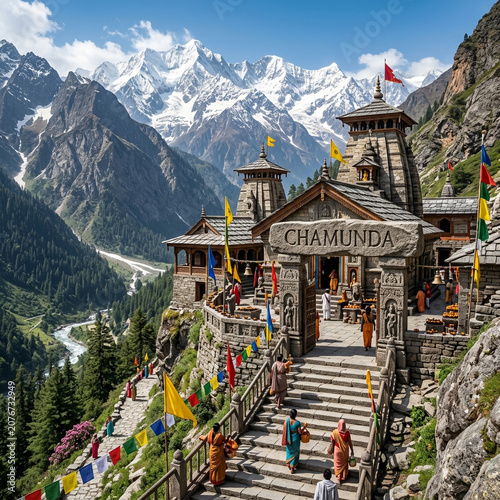 Chamunda Devi Temple in Kangra Valley with Snowy Dhauladhar Peaks, Sacred Durga Shakti Peeth