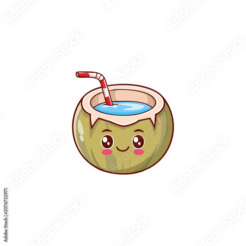 Cute Kawaii Coconut Drink Vector Illustration with Happy Smiling Face and Striped Drinking Straw for Tropical Summer Design