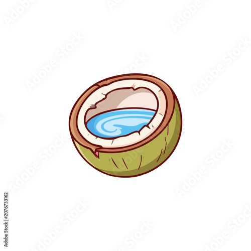 Halved green coconut filled with fresh coconut water vector illustration isolated on white