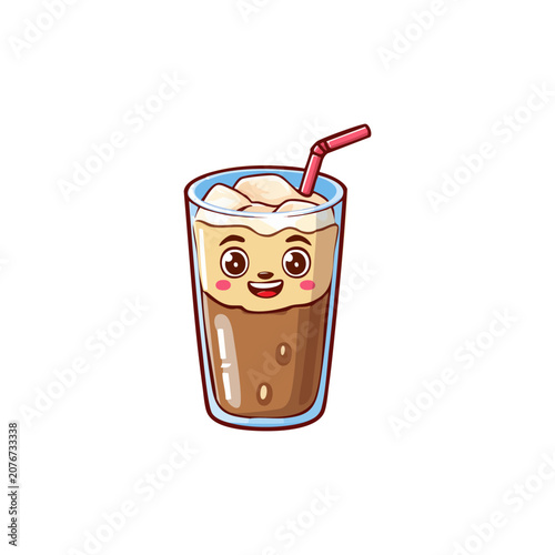 Kawaii Iced Coffee Cup Cartoon Illustration Featuring A Happy Smiling Character With Ice Cubes And A Drinking Straw In A Refreshing Glass