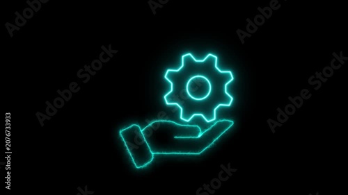 Glowing neon technology and blue color hand and setting icon animation. on black background