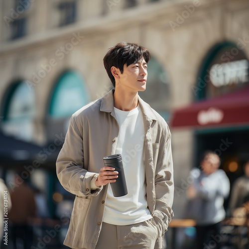 Young Man Holding Coffee Cup in City, Urban Lifestyle and Daily Routine Concept