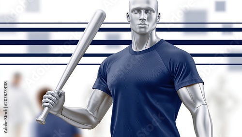 Silver robot holding baseball bat in blue shirt