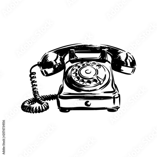 Rotary telephone receiver with cable vintage handdrawn sketch illustration