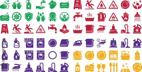Tableau sur toile Cleaning and Hygiene Icon Set Featuring Hand Washing Laundry Chores Dishwashing