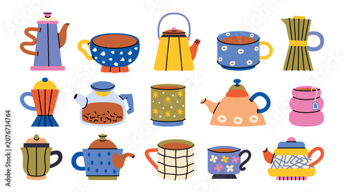 Illustrations of glass and ceramic cups, teapots, decanters, samovars and coffee makers with lids filled with liquid in cartoon line style. Cute vector stickers of tea, coffee and cocoa utensils.