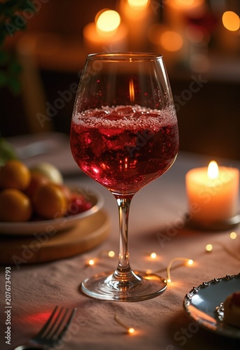 Refined Candlelit Dinner Ambiance Captured in Luxurious Crystal Glass Exuding Deep Red Wine Essence