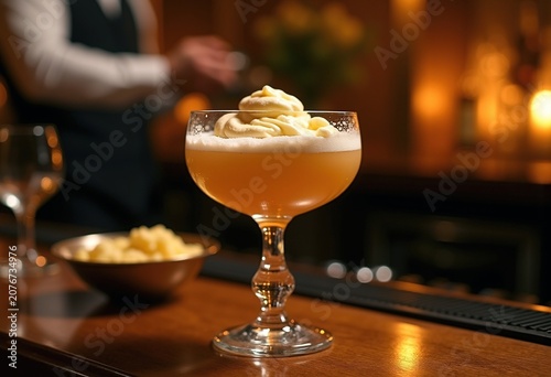 Rich and Creamy Brandy Alexander Dessert Cocktail Served in Sophisticated Piano Bar Setting