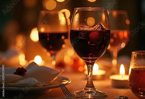 Rich Burgundy Wine Crystal Glass Candlelit Dinner Romantic Setting Intimate Gathering Mood