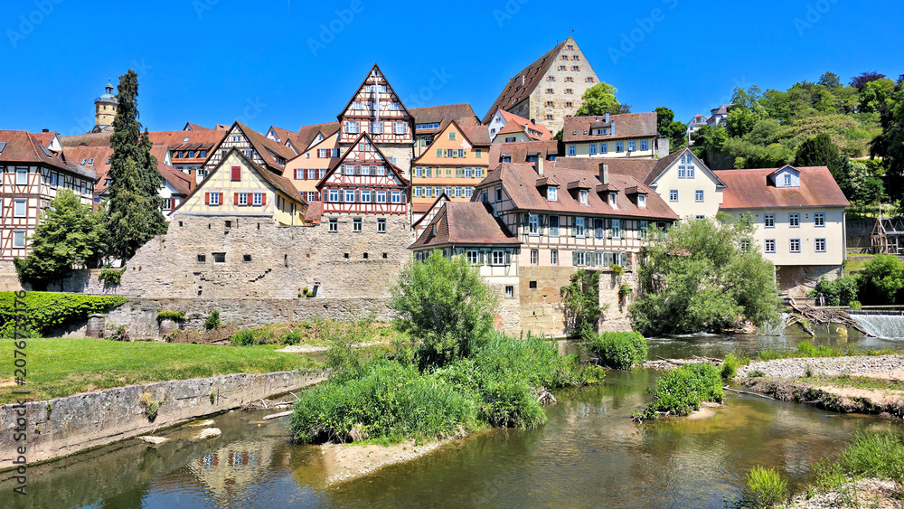 Naklejka premium Beautiful riverside half timbered houses of the old town of Schwabisch Hall, Germany
