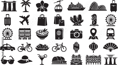 Black and white vector illustration set featuring various travel icons and cultural symbols representing tourism in the city of Singapore