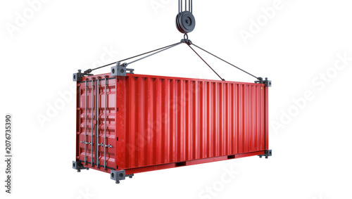Foto Red shipping container lifted by crane hook and cables