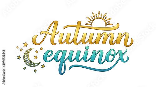 Golden Autumn Equinox text with sun moon and stars graphic image