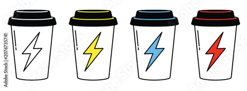 Konstfotografi Set of four colorful coffee cups with lightning bolt icons for energy and caffei