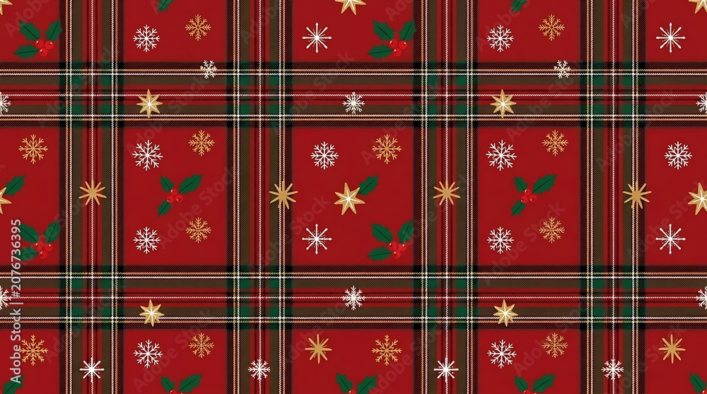 Fototapeta premium Red Christmas plaid pattern, holiday fabric texture, snowflake design, festive background