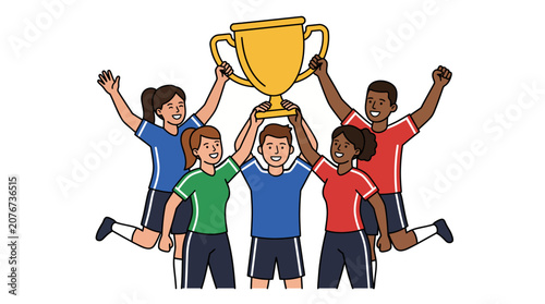 Slika na platnu Group of happy people holding a trophy and celebrating their victory