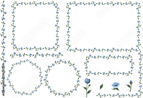 Elegant light blue flower frames and seamless borders collection, romantic wedding invitation design element vectors