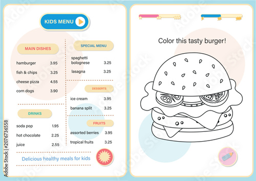 Kids menu design template with cute hamburger coloring page activity. Bright and colorful children's menu template featuring main dishes, drinks, desserts. Coloring book activity page.